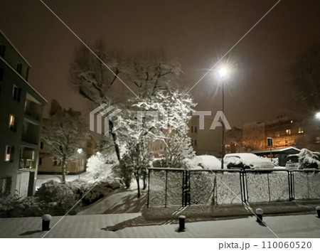 Beautiful winter landscape in the city at night with snow covered trees.Snowy street at night in winter view from the window of a house. Blurred background, bokeh. 110060520