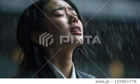 大雨の中で号泣する女性（泣く・悲しい・辛い） 110061778