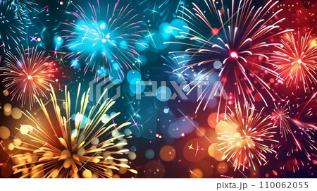 Happy New Year celebration with beautiful creative holiday season with firework and sparkling. Happy New Year celebration with beautiful creative holiday season with firework and sparkling. 110062055