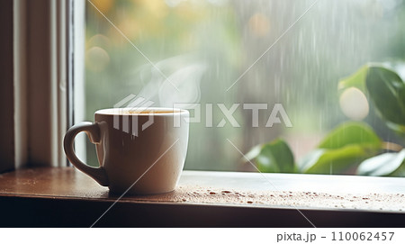 雨の日の窓辺でテーブルに置かれた温かいコーヒー・コーヒーカップの