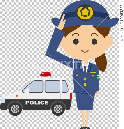 敬禮的女警官和迷你警車的圖像插圖 110063232