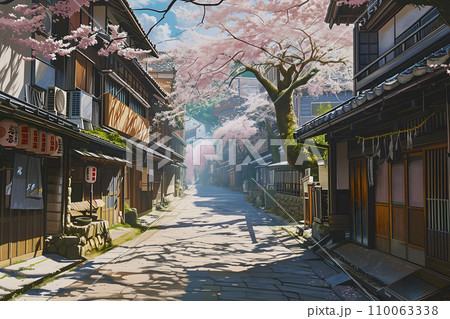 日本の街道　桜の咲く季節（AI生成画像） 110063338