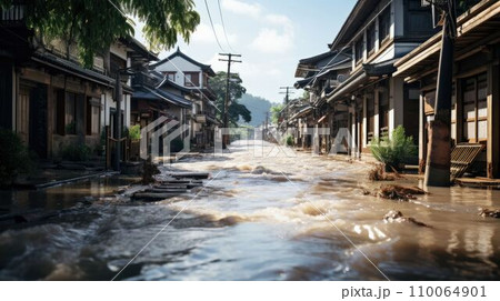 豪雨の被害を受けた街 110064901