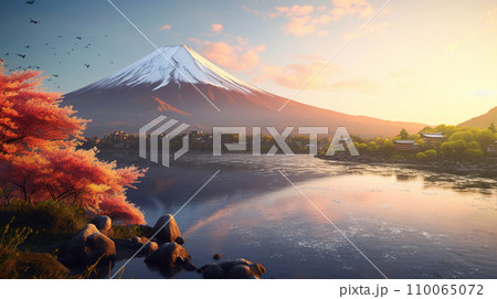 富士山と紅葉と湖 Mount Fuji and Autumn leaves lake AI生成画像 富士山と紅葉と湖 Mount Fuji and Autumn leaves lake AI生成画像 110065072