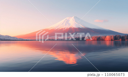 富士山と紅葉と湖 Mount Fuji and Autumn leaves lake AI生成画像 110065073