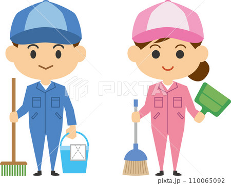 掃除用具を持っている清掃員のイメージイラスト（男女セット） 110065092