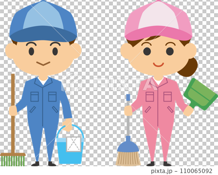 Image illustration of a cleaning worker holding cleaning tools (men and women set) Image illustration of a cleaning worker holding cleaning tools (men and women set) 110065092