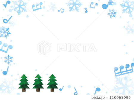 水色の雪の結晶と音符ともみの木のフレーム・背景01_横 110065099