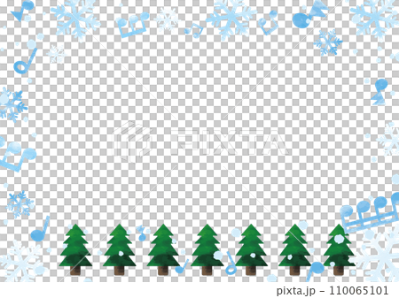 水色の雪の結晶と音符ともみの木のフレーム・背景02_横 110065101