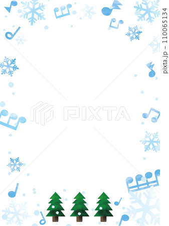 水色の雪の結晶と音符ともみの木のフレーム・背景01_縦 110065134