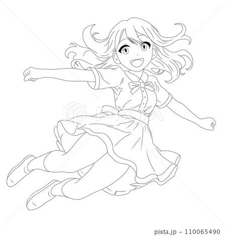 ジャンプしているアニメキャラクター風の女の子の線画イラスト(AI生成