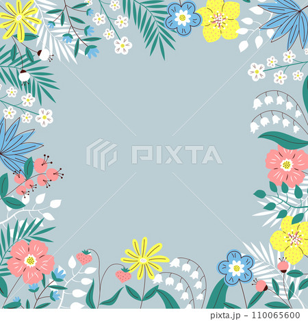 Spring background with flowers and leaves, plants and berries. Trendy abstract square art floral template. Copy space. Hand drawn colorful vector illustration. 110065600