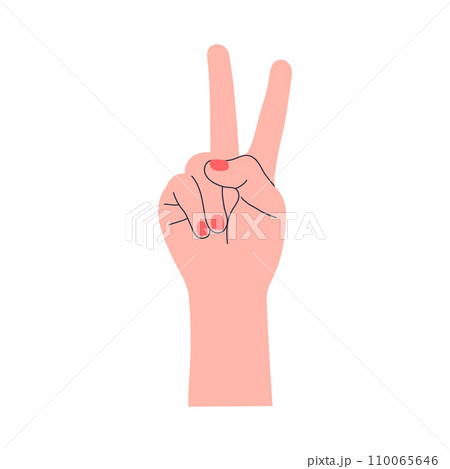 Hand showing peace gesture. Cute flat symbol. Vector illustration isolated on white background. 110065646