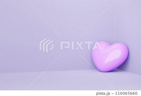Interior room with pink heart in corner 3d render. Love background for romantic Valentine day party or wedding. Modern studio with walls, floor and empty space in perspective view. 3D illustration 110065660