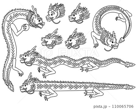 龍の顔と全身ポーズのイラスト【セット・白黒】 110065706