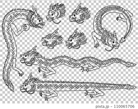 龍の顔と全身ポーズのイラスト【セット・白黒】 110065706