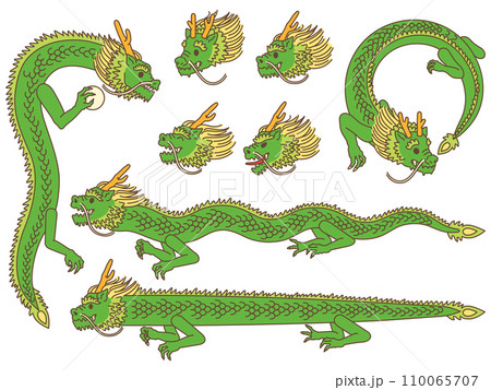 龍の顔と全身ポーズのイラスト【セット・カラー】 110065707