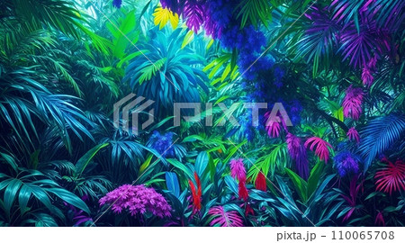 ネオン色に光る色彩豊かな熱帯雨林の風景 110065708