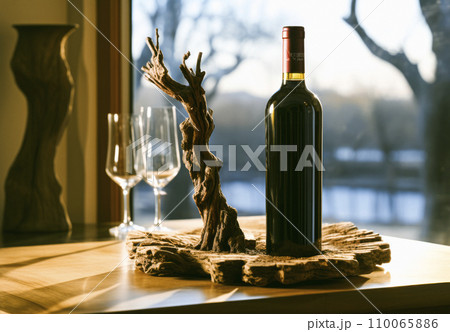 wine glasson window sill at home background 110065886