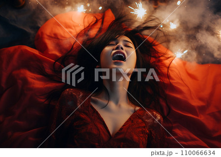 Young Asian woman having orgasm. Beautiful woman with open mouth and closed eyes enjoying sex lying among fireworks. Sparklers as a symbol of orgasm. Sexual experience, masturbation, cunnilingus. Young Asian woman having orgasm. Beautiful woman with open mouth and closed eyes enjoying sex lying among fireworks. Sparklers as a symbol of orgasm. Sexual experience, masturbation, cunnilingus. 110066634