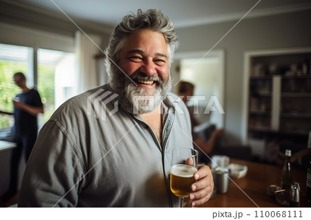 AI-generated content. Old man grey hair chubby bearded reluctantly smiling party background holding drink Generative AI 110068111