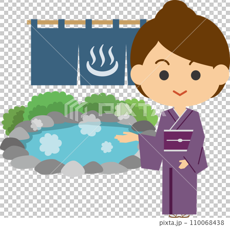 Image illustration of a landlady guiding people to a hot spring 110068438