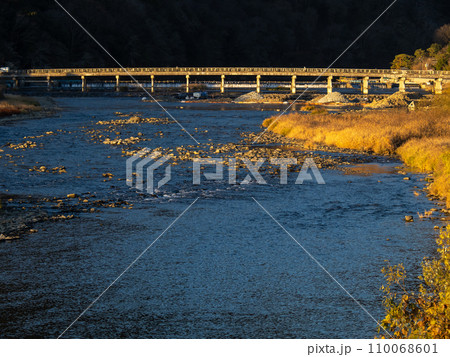 早朝の嵐山(京都市)の風景。桂川と渡月橋。 110068601