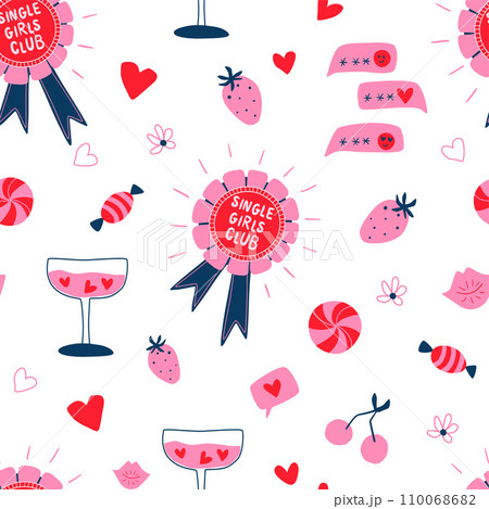 Pink Galentines day seamless pattern. Girlfriend day repeat background. Vector girls club paper, print 110068682