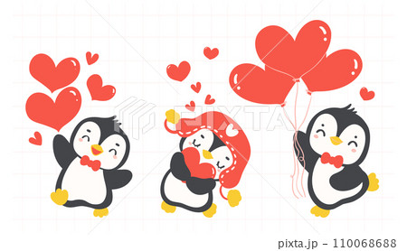 Cute penguins Valentine with heart cartoon drawing  illustration animal banner. 110068688