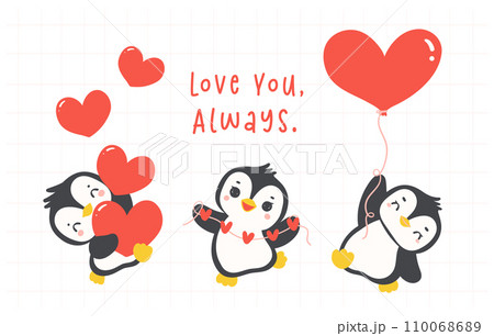 Cute penguins Valentine with heart cartoon drawing illustration animal banner. Cute penguins Valentine with heart cartoon drawing illustration animal banner. 110068689