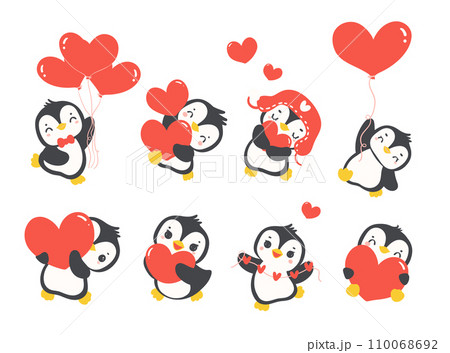 Set of Cute baby penguins Valentine with heart, romantic animal cartoon drawing illustration. 110068692