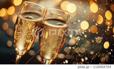 Happy New Year celebration with Champagne glasses and bokeh lights background. 110068784