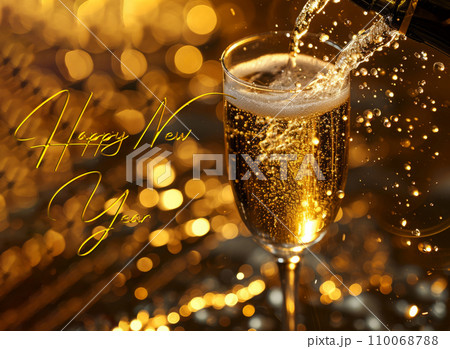 Happy New Year celebration with Champagne glass and bokeh lights background. 110068788