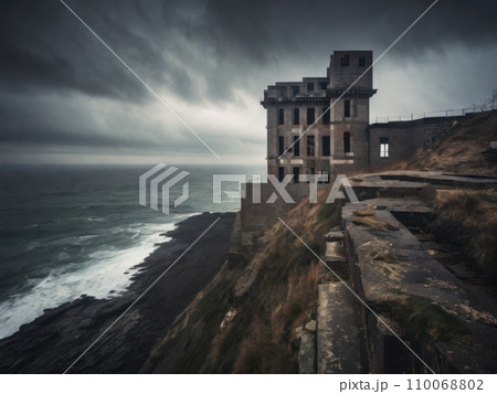 Abandoned building on a cliff, with a stormy sea below 110068802