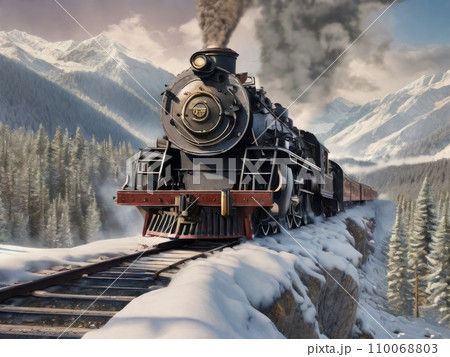 Steam locomotive in a snowy mountain range, surrounded by tall peaks and crisp clear air Steam locomotive in a snowy mountain range, surrounded by tall peaks and crisp clear air 110068803
