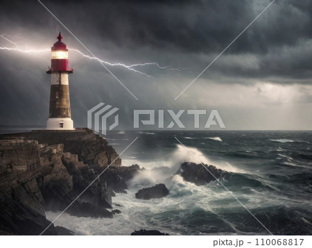 Lonely lighthouse on a rocky coast during a storm, with waves crashing and lightning Lonely lighthouse on a rocky coast during a storm, with waves crashing and lightning 110068817