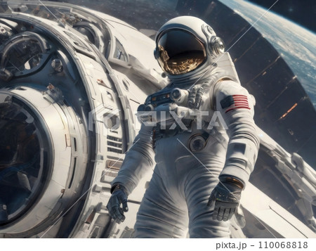 Daring astronaut, space suit and helmet, standing in front of futuristic spaceship 110068818