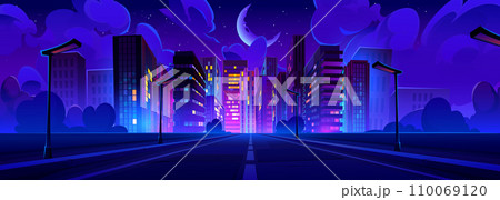 Road to city with multistorey and neon lights 110069120