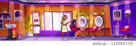 Beauty salon interior with stylist and client. 110069139