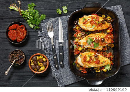 chicken breasts with vegetables, olives, top view chicken breasts with vegetables, olives, top view 110069169