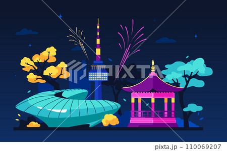 Bright nights in South Korea - modern colored vector illustration 110069207