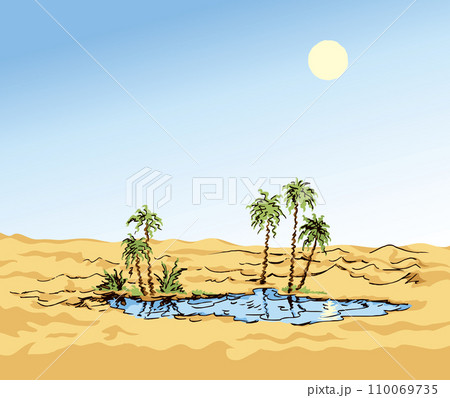 Mirage in the desert. Vector drawing 110069735