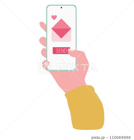 Female hand holding Smartphone with Love Message, Romantic Mail. Envelope with hearts on phone screen and button Send. Hand drawn vector illustration isolated on white background, flat cartoon style. 110069998