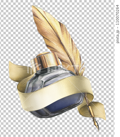 Paper ribbon scroll with ink in a glass inkwell with a gold lid and a gold writing pen. Hand drawn watercolor illustration. Isolated composition on a white background. 110070264