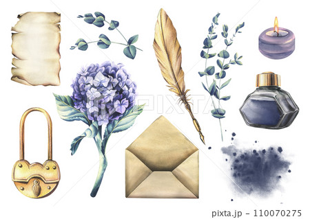 Writing supplies: papyrus paper, craft envelope, gold pen, ink, candle, lock and hydrangea and eucalyptus. Hand drawn watercolor illustration. Set of isolated elements on a white background. 110070275