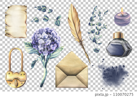 Writing supplies: papyrus paper, craft envelope, gold pen, ink, candle, lock and hydrangea and eucalyptus. Hand drawn watercolor illustration. Set of isolated elements on a white background. 110070275