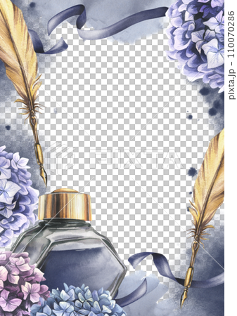 Inkwell with blue ink, gold pen, hydrangea flowers, ribbons, blots and splashes. Hand drawn watercolor illustration. Frame, vertical template for text on a white background. 110070286
