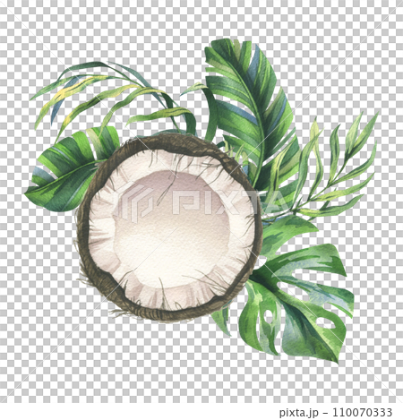Coconuts whole, halves and pieces with bright, green, tropical palm leaves. Hand drawn watercolor illustration. Pre-made composition isolated from the background. Coconuts whole, halves and pieces with bright, green, tropical palm leaves. Hand drawn watercolor illustration. Pre-made composition isolated from the background. 110070333