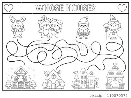 Holiday black and white maze for kids. Line activity with kawaii Santa Claus, witch, cats, bunny, house. Labyrinth game, puzzle, coloring page with Christmas, Easter, Valentine, Halloween character 110070573