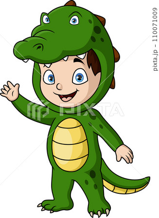 Cute little boy cartoon wearing crocodile costume 110071009